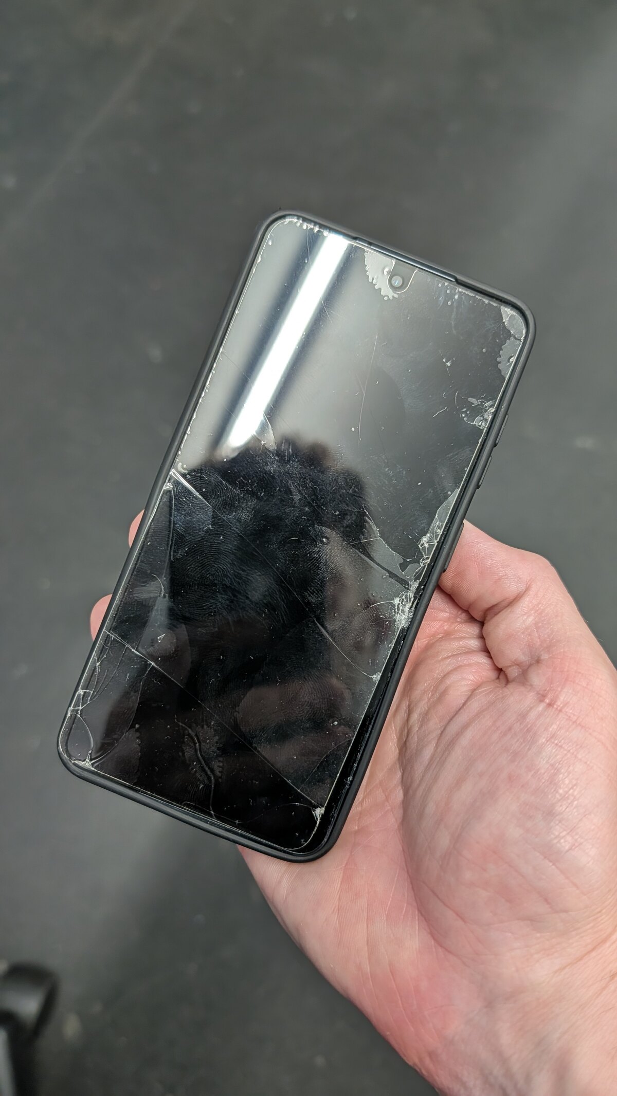 Samsung Galaxy S26 with a badly shattered screen after dog-bite damage